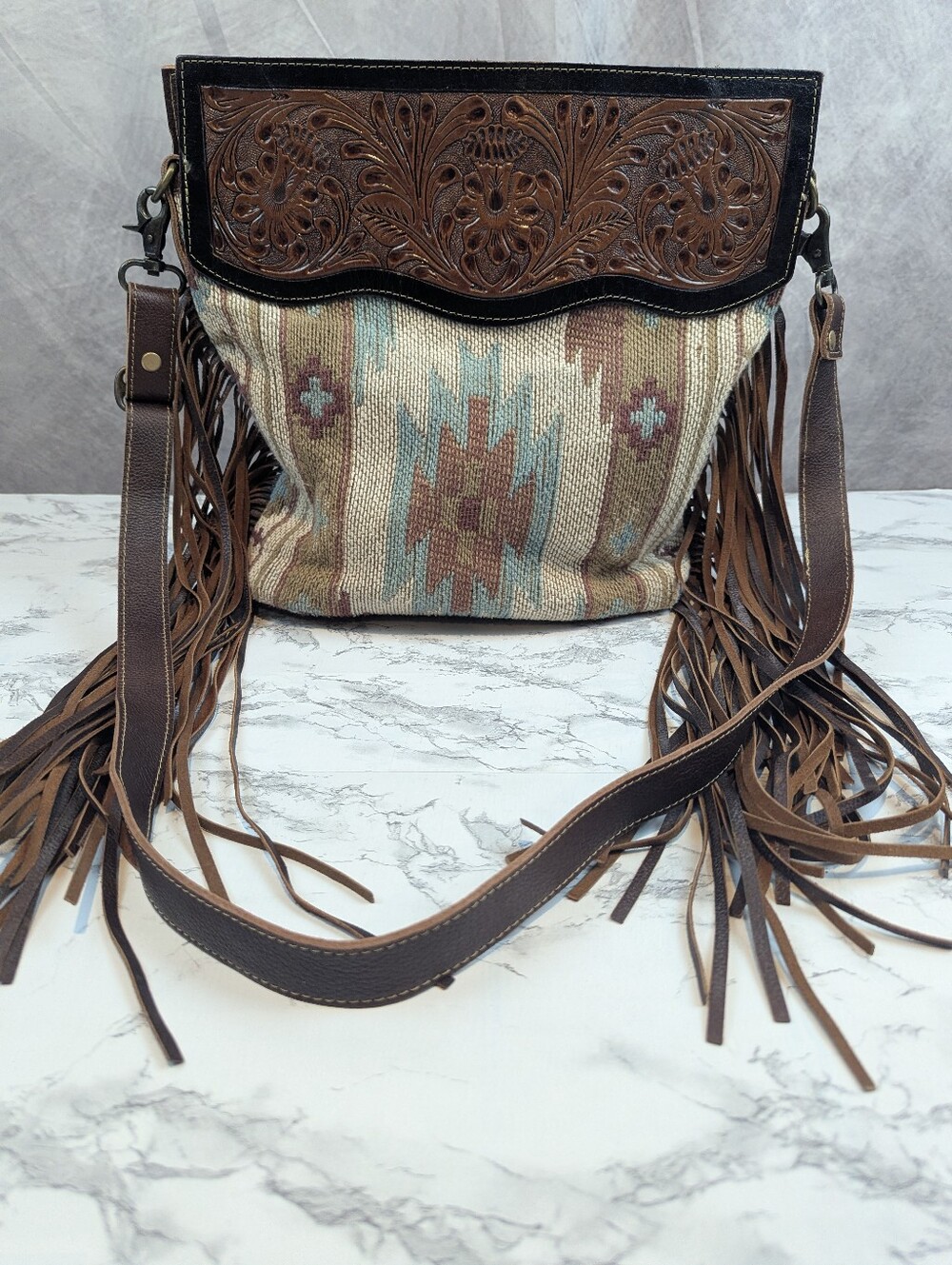 Myra Bag Tooled Leather Western Southwestern Fringe Crossbody Purse Boho